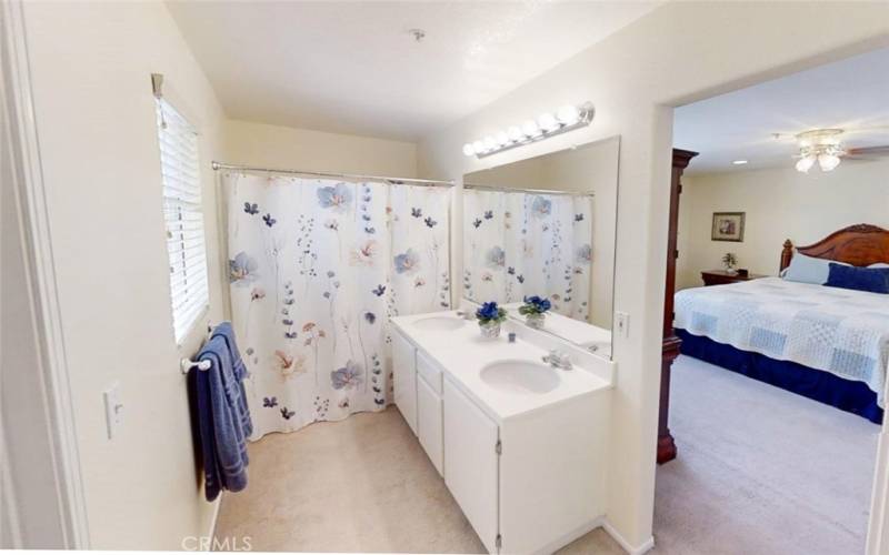 Primary Bath has double sinks and a large soaking tub/shower combo