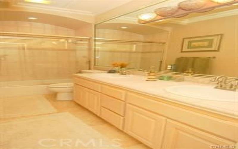 Downstairs bathroom with double sink vanity