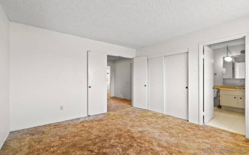 Double door entry into primary bedroom with 1 of 2 closets pictured