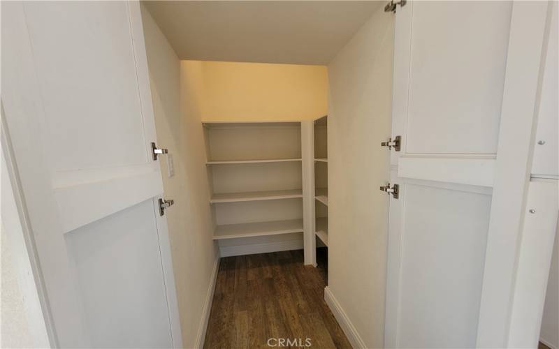 Double doors and lighting that goes on when the doors open welcome you to the spacious pantry.