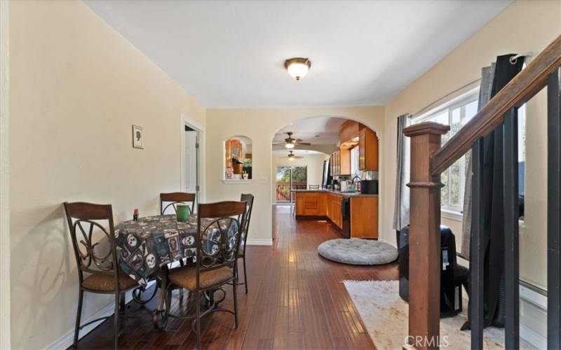 dining room table looking into kitchen