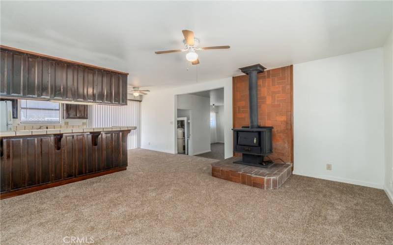 Wood Burning stove in living room.