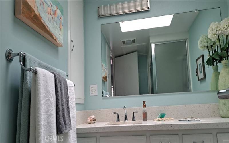 showing large bathroom cut out skylight and corian countertops