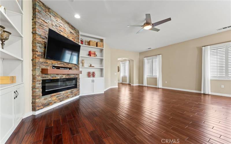 Living Room, Electric Fireplace, Built in Shelves