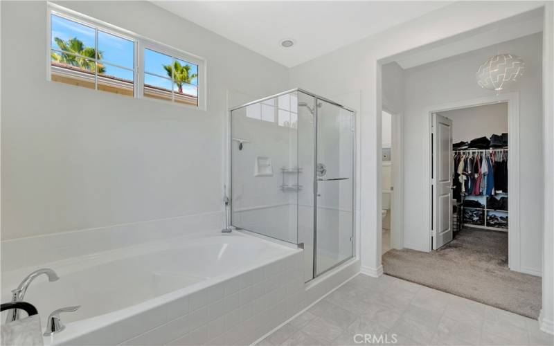 Primary en-suite bathroom w/ a spacious soaking tub, separate glass shower, and a private water closet.