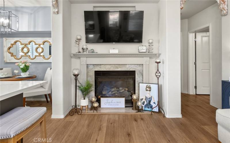 Fireplace in Living room-adjacent to dining area.