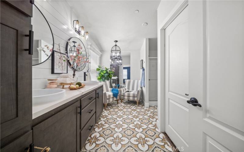 Spa Inspired Master Bathroom with Double Vanity, Walk-in-Pantry and Rest Area