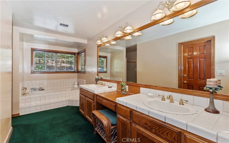 Primary Bathroom With Walk-In Closet, Dual Lavs, Bathtub And Separate Walk-In Shower