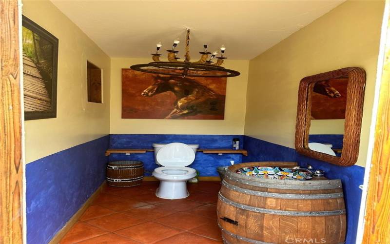 Toilet of barn looking bathroom.