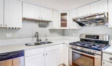 Stainless steel range, hood, refrigerator, dishwasher.