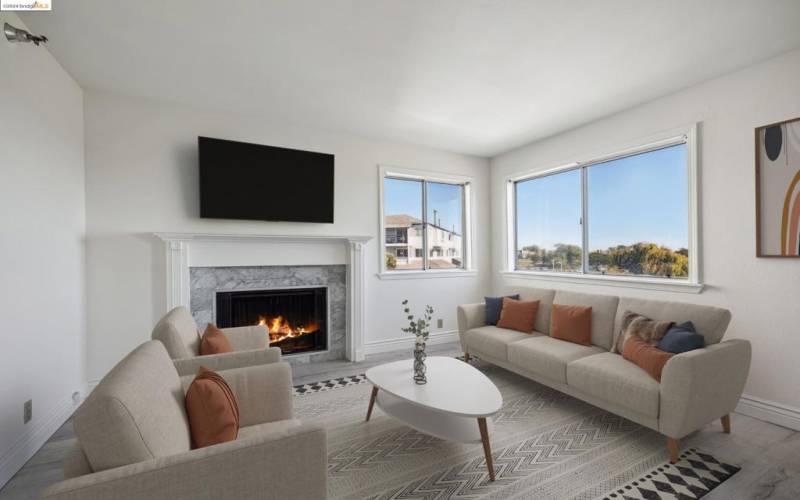 Bright living area with fireplace