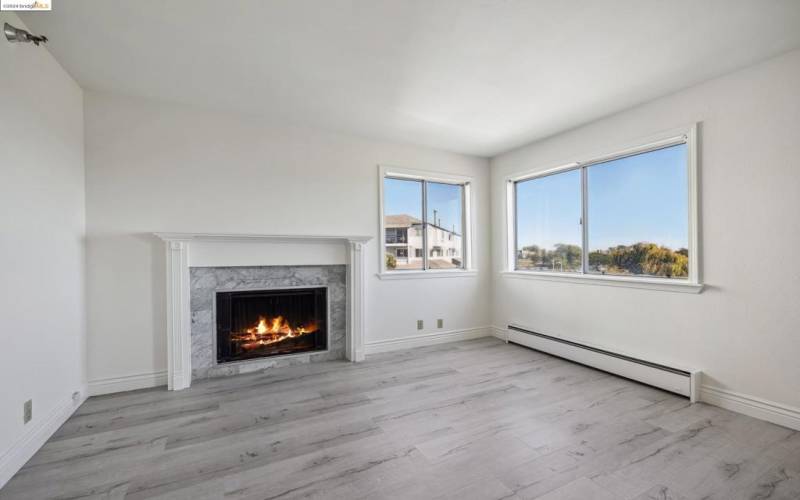 Bright living area with fireplace