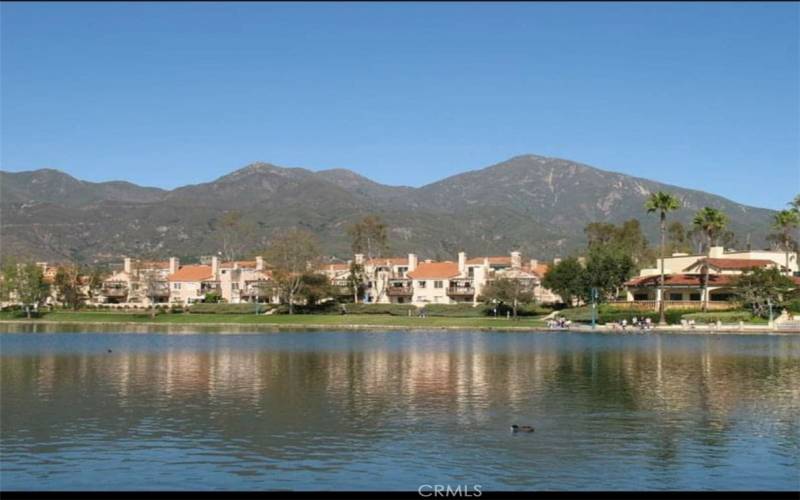 Take a walk around Rancho Santa Margarita lake with Saddleback mountain view