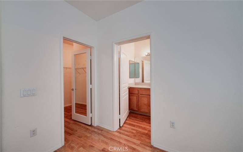 Master walk-in closet with mirrored door.