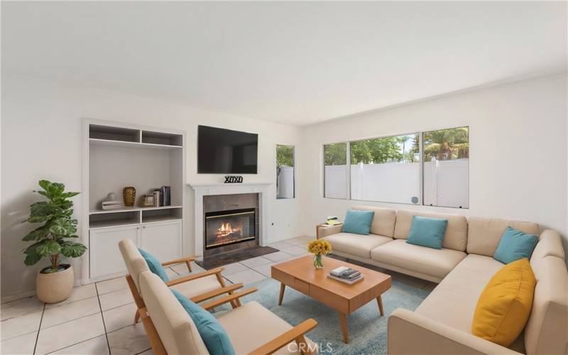 Cozy living room with a fireplace and built-in shelving