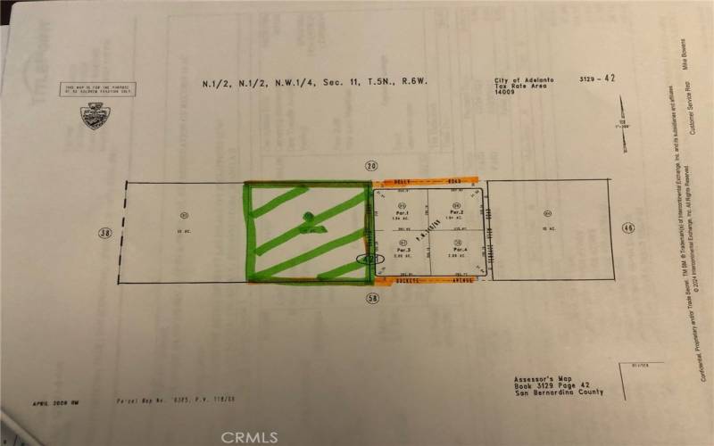 Property is marked in green and the parcels to the east were split.