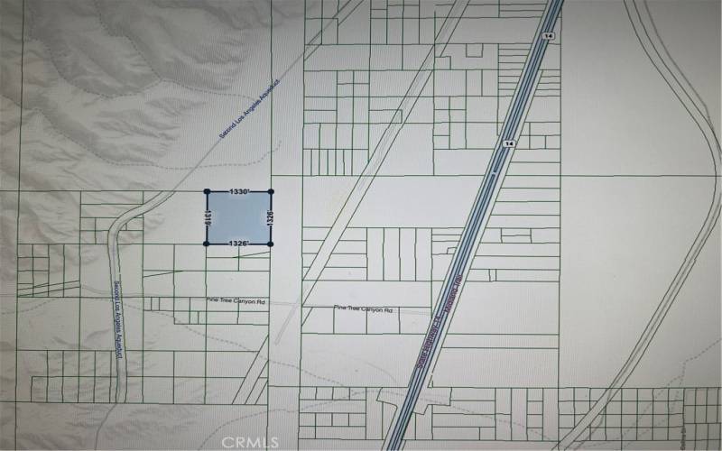 Map showing parcel dimensions and location to 14 Frwy and Pine Tree Canyon Rd.