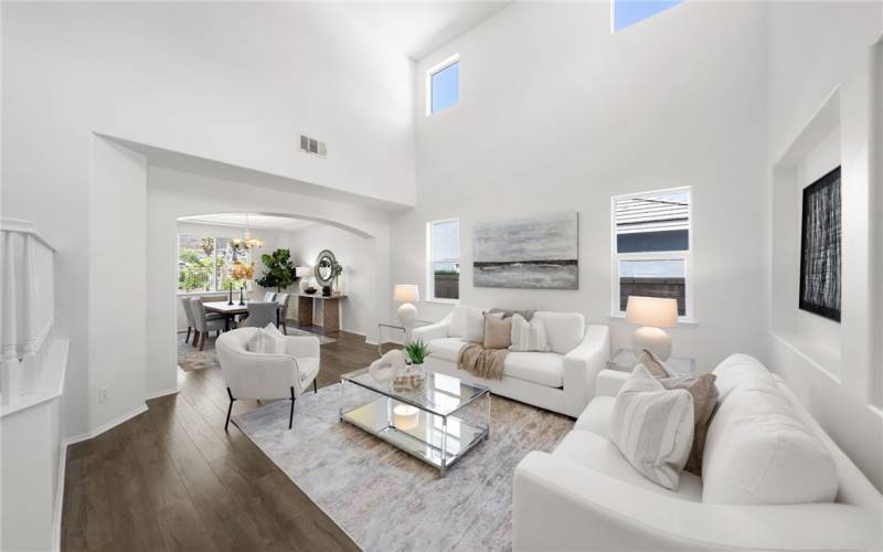 Living room with 2 story ceilings