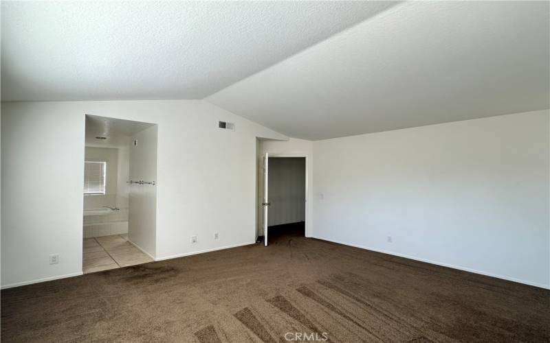 Master bedroom has high vaulted ceiling.