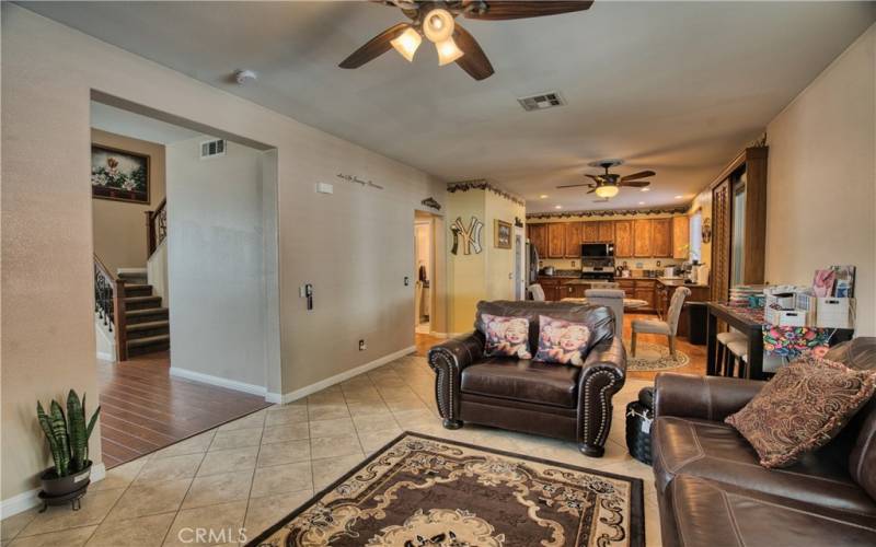 Cozy family room flows into kitchen