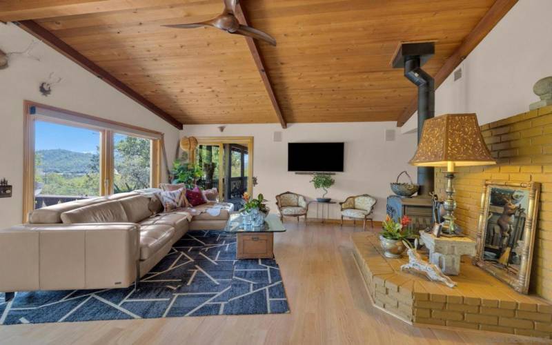 Spacious elegant living space includes vaulted cedar ceiling and raised brick platform with wood stove.