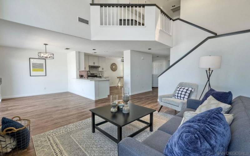 Views from living room to the dining area and kitchen