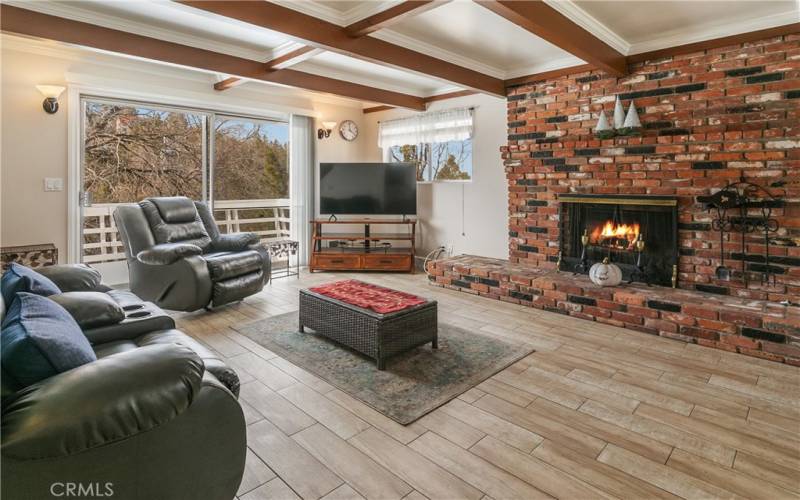 Open Living Spae with Fireplace and Deck Access