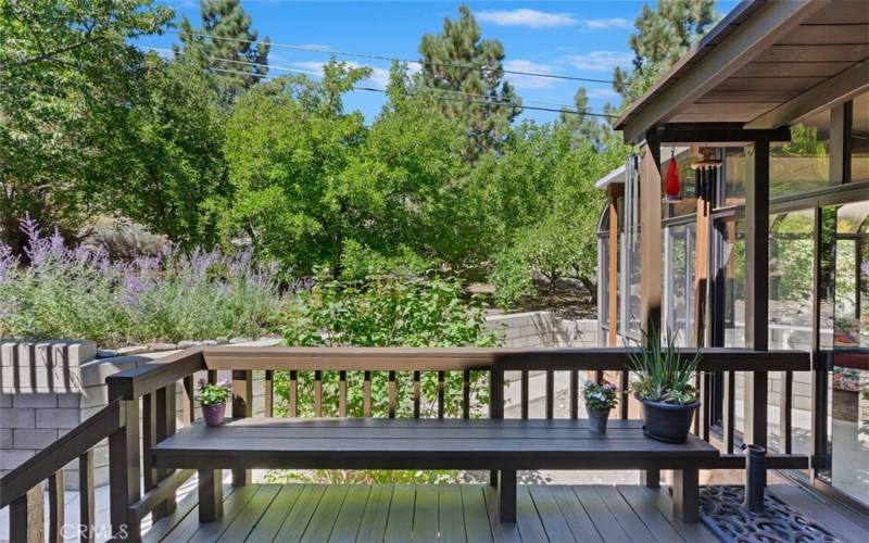 BACK PORCH WITH VIEWS OF THE APPLE, CHERRY AND PEAR TREES.