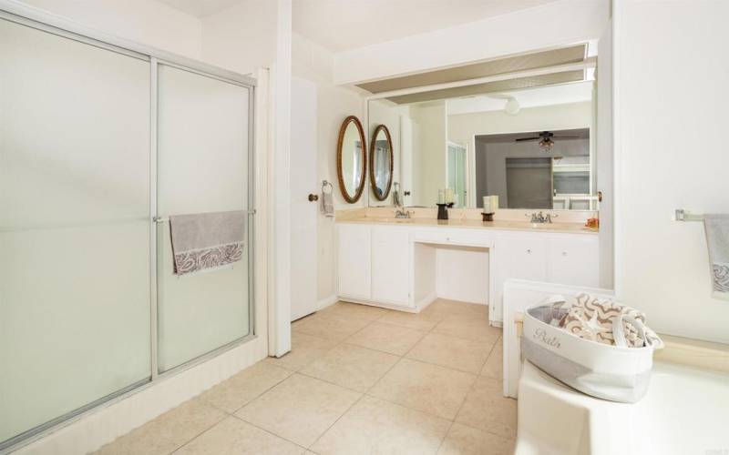 Walk-in shower, nice tub & linen storage.