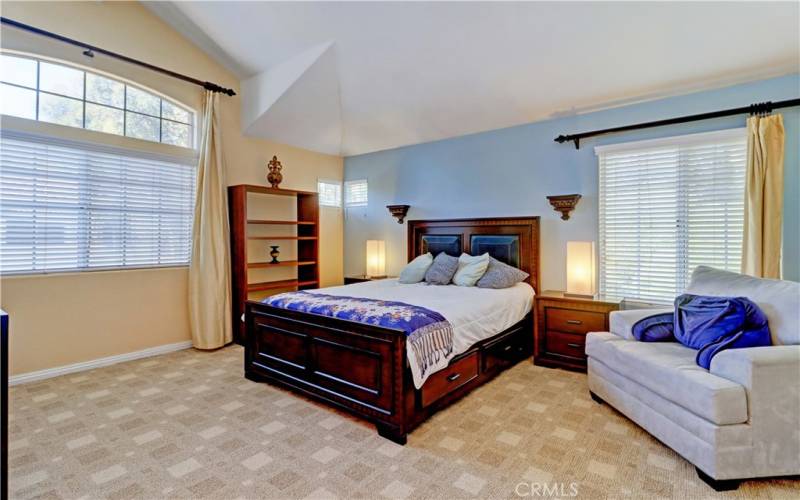 Primary suite with vaulted ceilings and newer high quality carpet