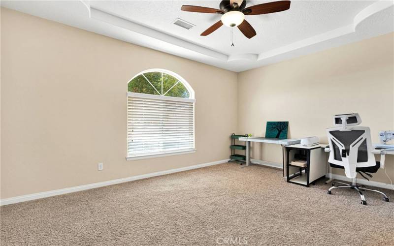 Large hall bedrooom with ceiling detail. This room has a large footprint.