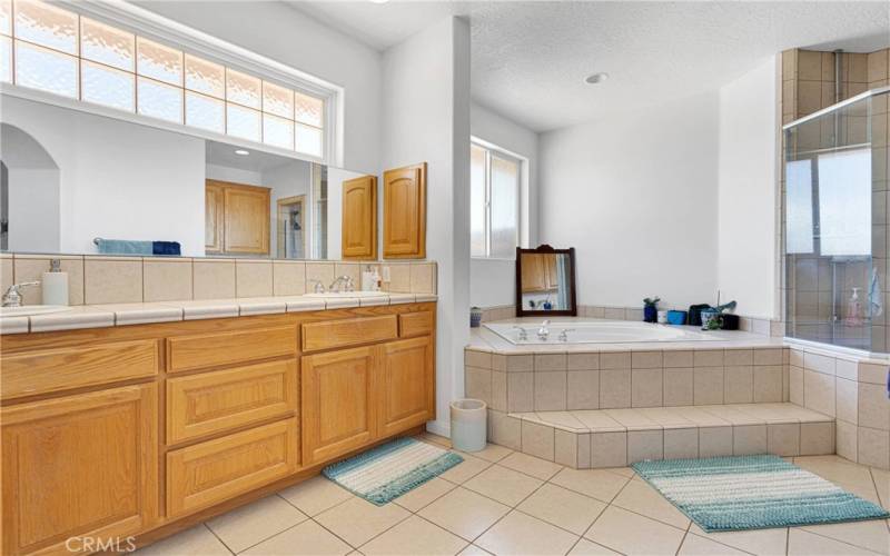 Primary bathroom suite with spa deck tub, dual sink arrangement, large glass enclosure shower and private water closet.