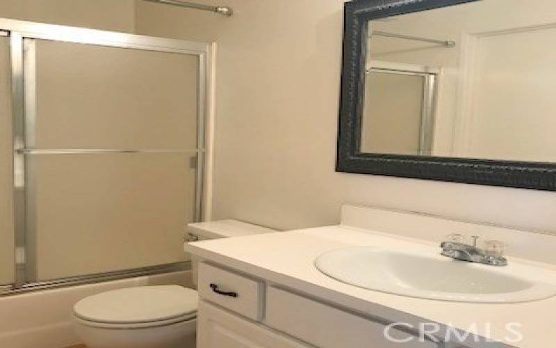 Hall bathroom with new mirror. Enclosed tub/shower area.