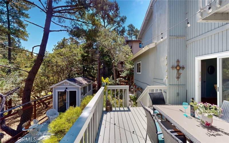 View of back yard and shed from large deck.