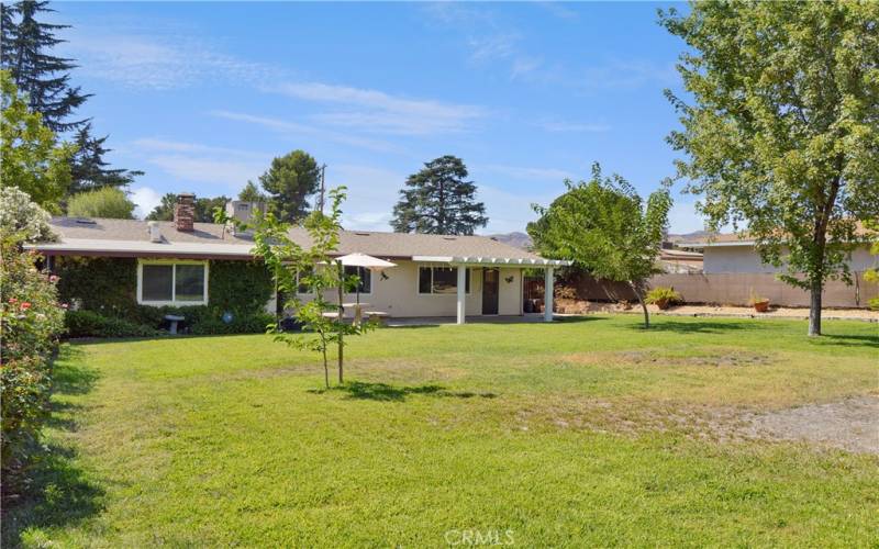 Big, beautiful backyard with expansive green lawn, a covered patio, two storage sheds, shade trees, roses, and lots of greenery for a relaxing, private space to entertain or just enjoy.