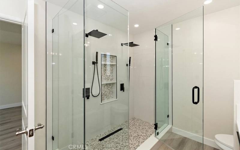 Walk in Shower with Dual Rain Shower Heads - Dual Body Spayers, Shampoo Niche, Glass Doors,