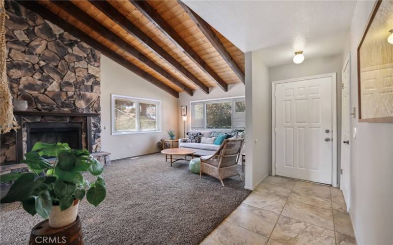 Beautiful beamed ceiling in living room.