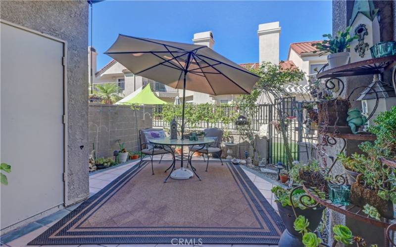 Spacious patio with outside storage.