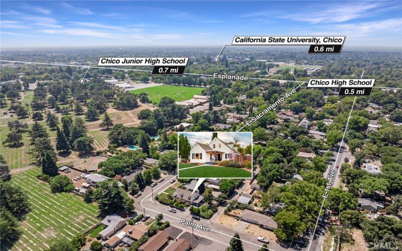 Aerial view showing how close home is to schools, CSUC and downtown.
