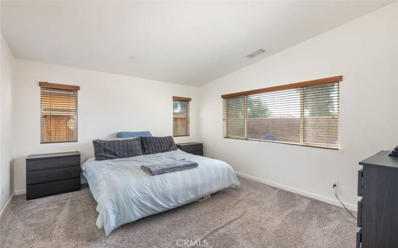 This spacious bedroom is filled with natural light from multiple windows, creating a bright and airy atmosphere.