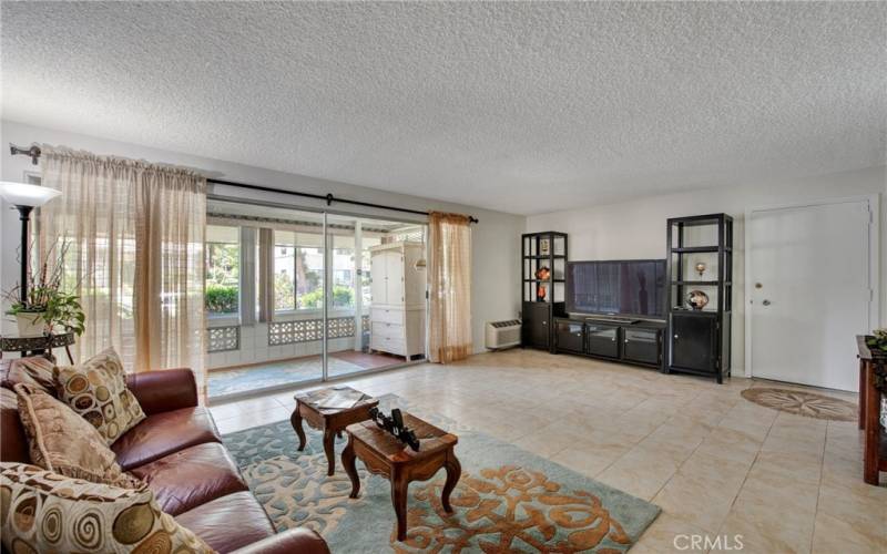 Living room showing unique tile design at entry.