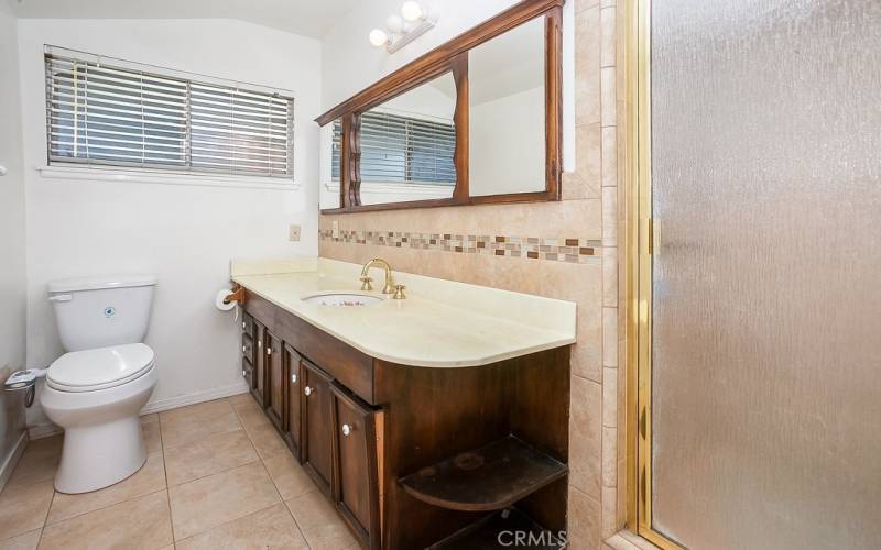 Private en suite primary bathroom with wood-grained vanity, large dressing mirror, tiled step-in shower, bidet, commode, privacy window and tile floors.