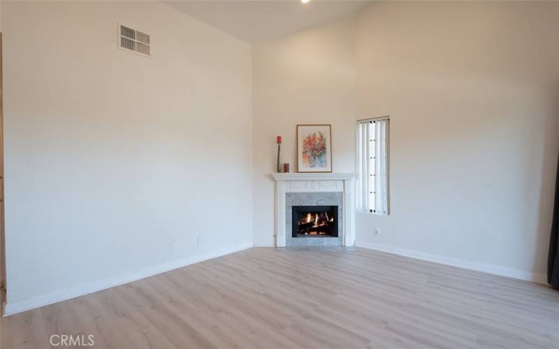 Living area has corner gas fireplace