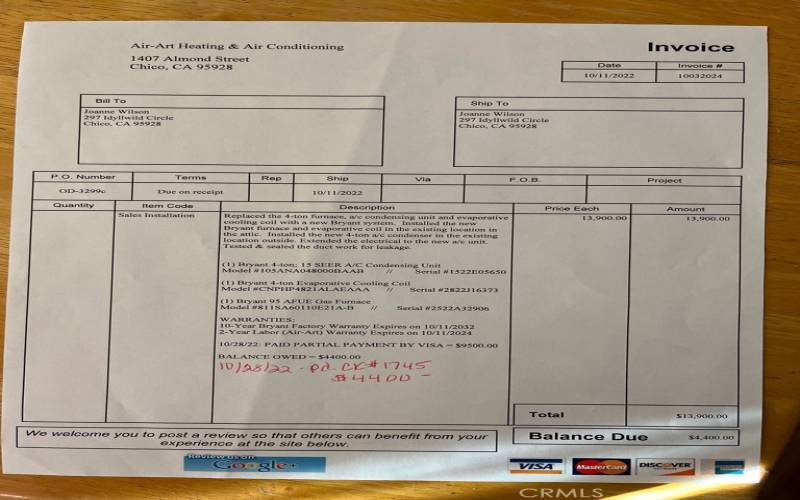 Air Art Invoice for new HVAC