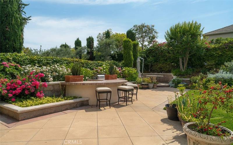 Backyard patio area with built-in bar and  barbeque grilling station