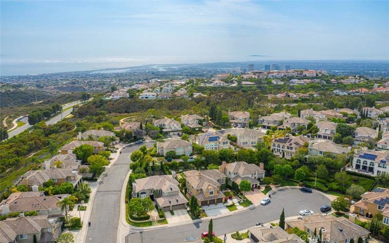 Aerial view of front of house in cul-de-sac