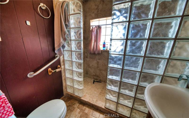 Bathroom with nice glass block walk-in shower