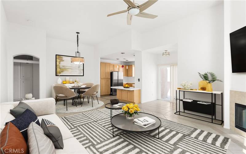 Virtually staged living room and dining area.