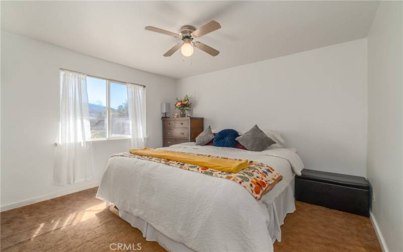 Bedroom with ceiling fan.