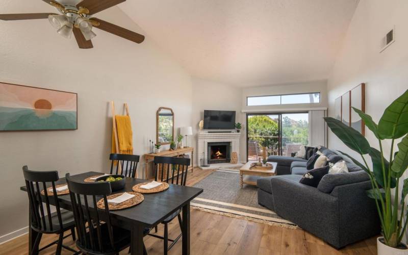 Living and dining room in an open floor plan.